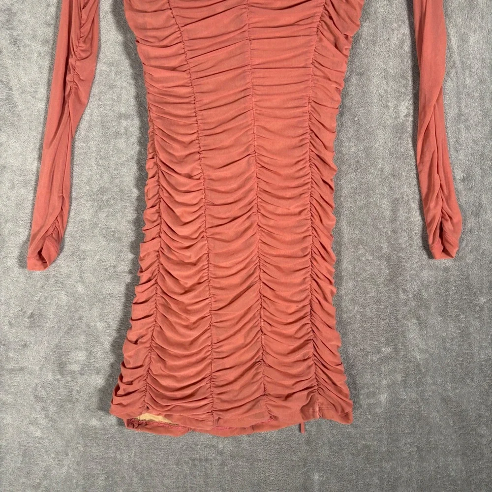 Majorelle Mini Jardin Dress Size S Pink‎ Ruched Mesh Lace Up Long Sleeve Bodycon - Picture 8 of 14